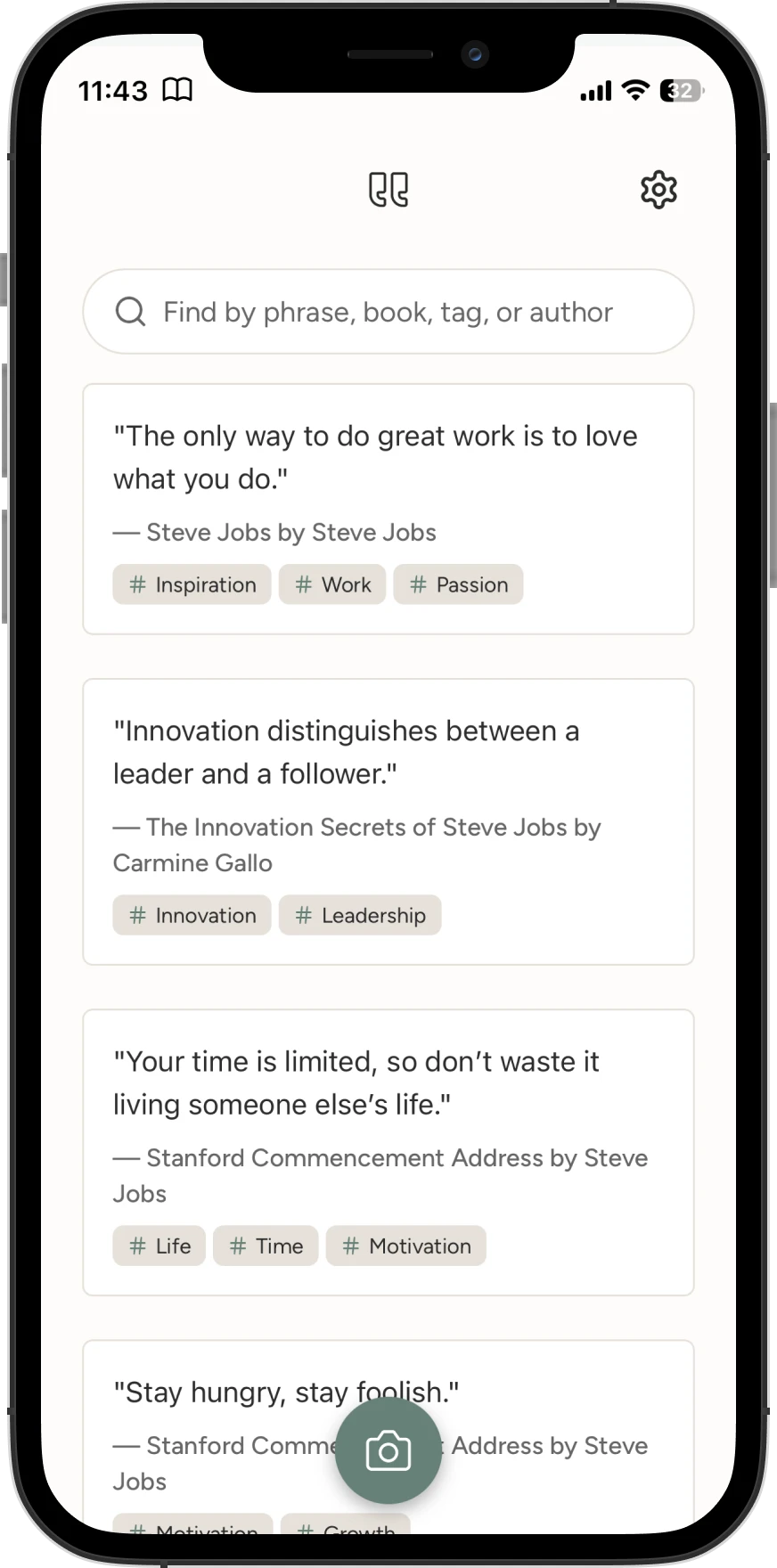 Snip library — highlights organized with tags, searchable by phrase, book, tag, or author